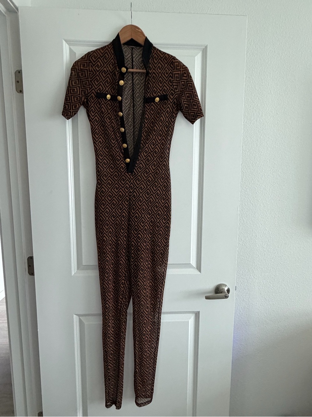 Brown Geometric Jumpsuit with Gold Buttons